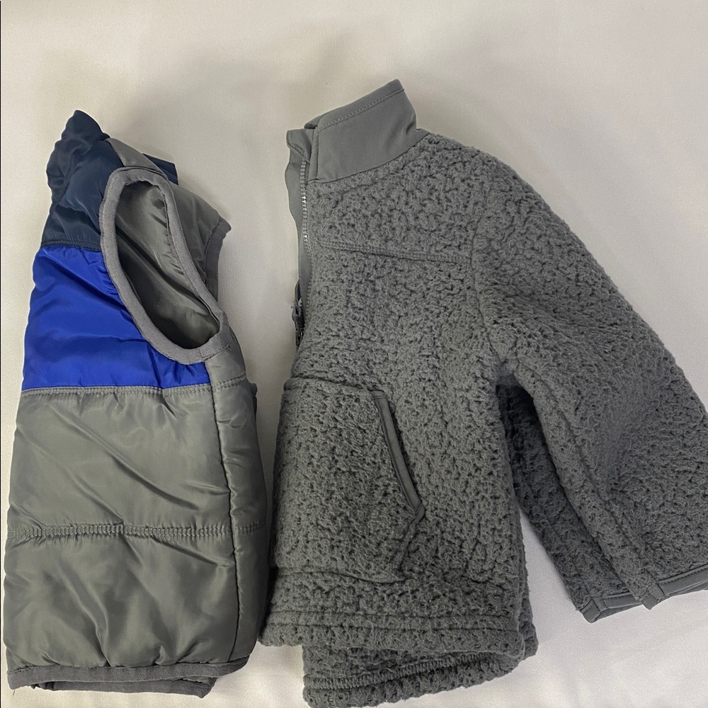 Wonder Nation Gray Blue Kids Puffer Vest & 1/4 Zip Sherpa Sweater Size 2T Bundle